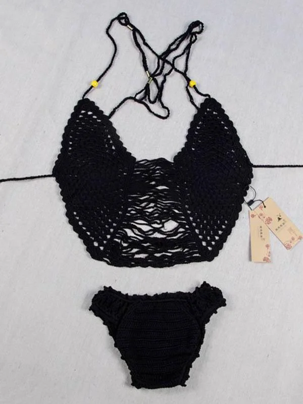 Crochet Hollow  Backless Split Bikini Swimsuit