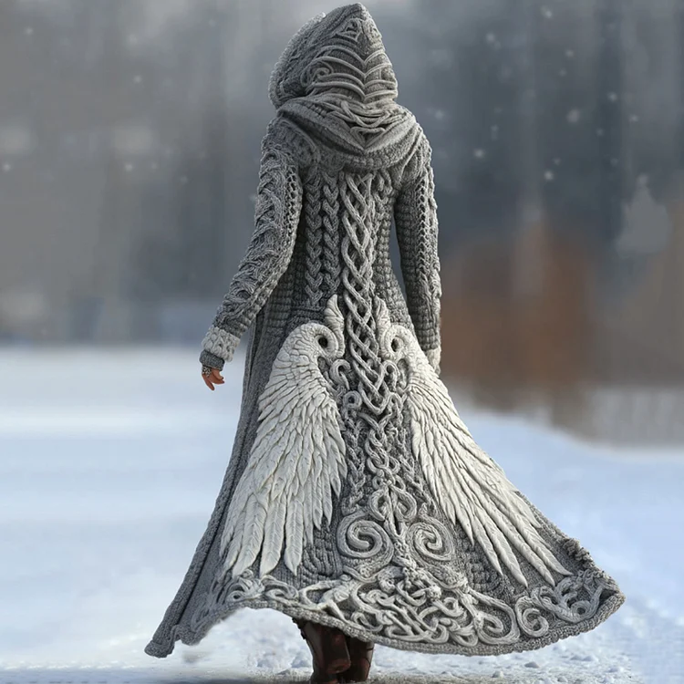 Vintage Viking Celtic Knot With Wings Art Warm And Cozy Knit Hooded Cardigan
