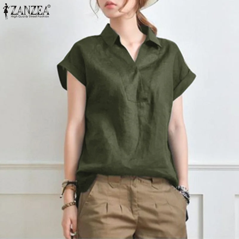 ZANZEA Summer Elegant Lapel Neck Solid Blouse Women Short Sleeve Solid Cotton Tops Casual Loose Blusas OL Work Shirt Oversize