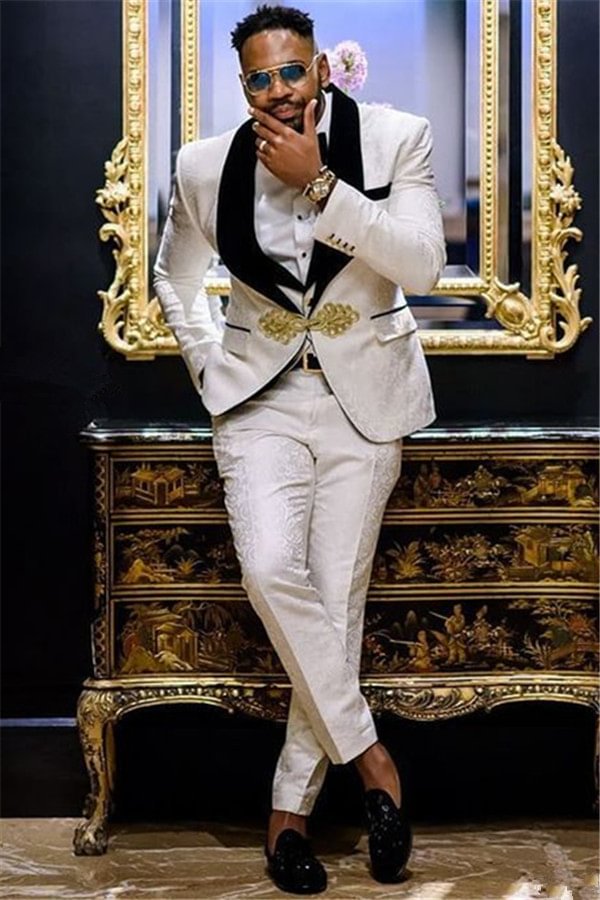 White Jacquard Gorgeous Black Three Piece Shawl Lapel Wedding Groom Men Suit | Ballbellas Ballbellas