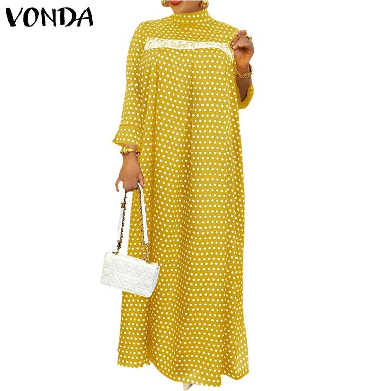 Bohemian Long Maxi Dress Women Casual Long Sleeve Vestidos 2022 VONDA Vintage Polka Dot Lace Pleated Robes Longue Sundress
