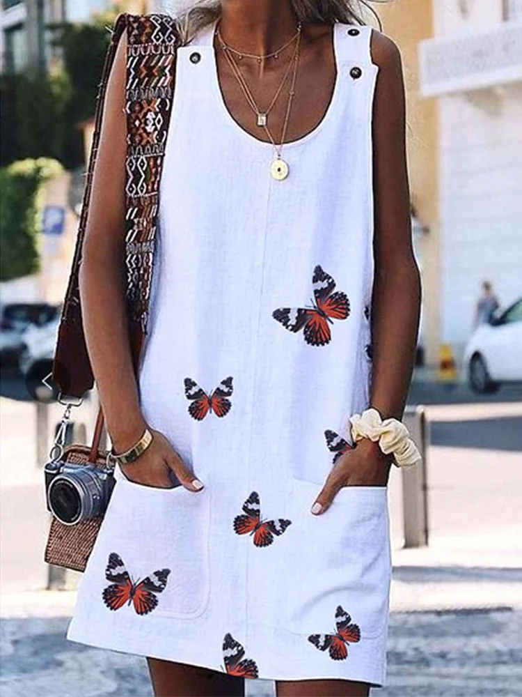 Butterfly Fashion Print Sleeveless Dress