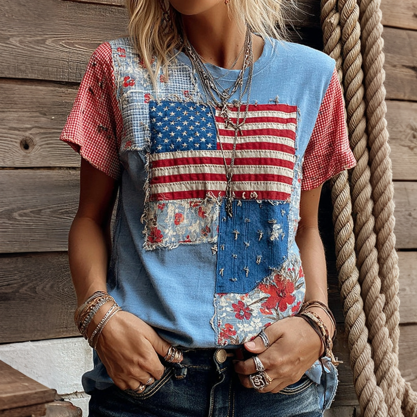  Women's Retro Independence Day Floral Print Crew Neck T-shirt Westsshops
