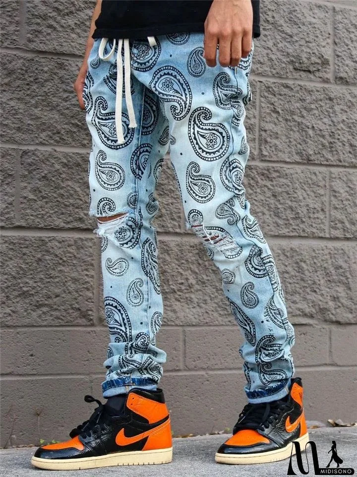 Stylish Street Printed Straight-Leg Pants Drawstring Ripped Jeans