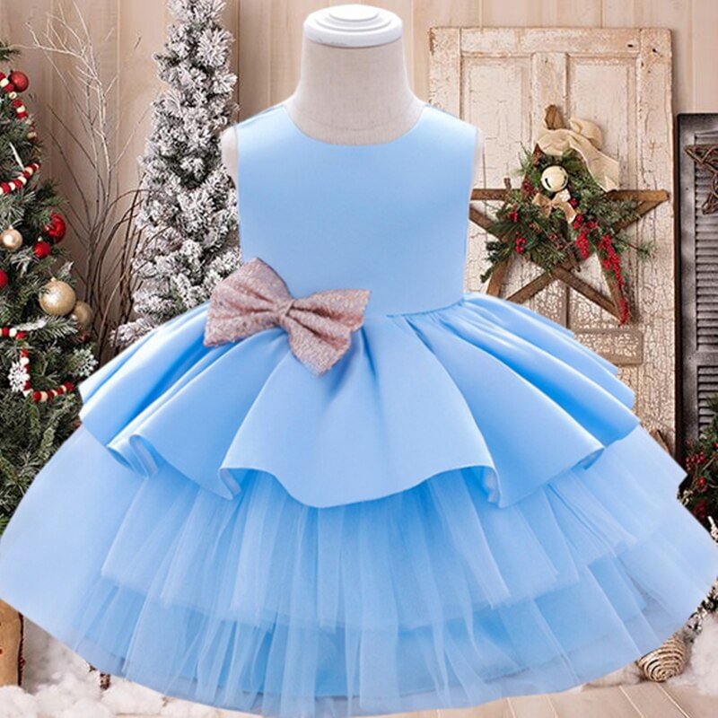 2022 Toddler Big Bow Baby Baptism Dress for Girls Children Clothes 1 Years Birthday Party Wedding Princess Dress Fluffy Gown