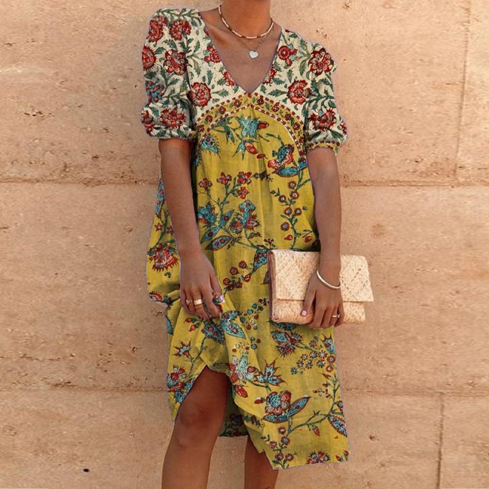 Elegant Print V-Neck Midi Dress-vocosishoes