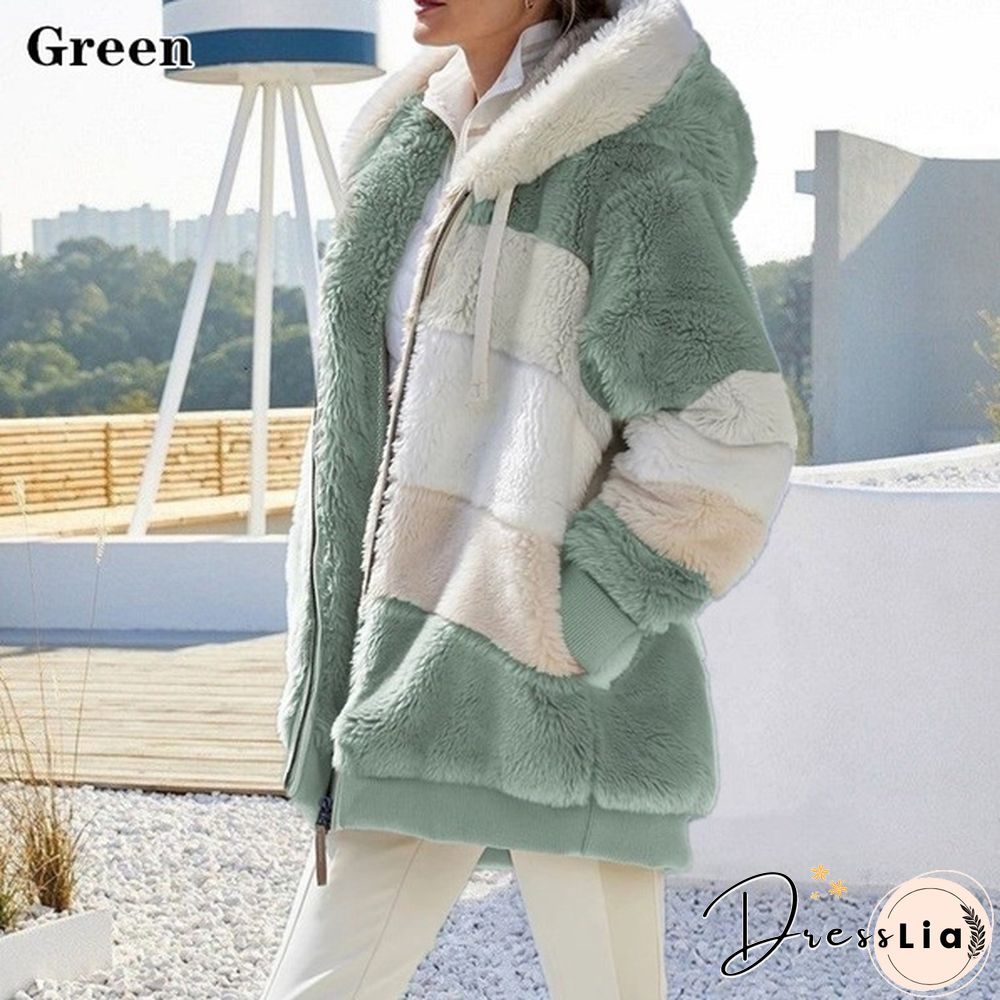 New Winter Womens Jacket Hooded Warm Plush Loose for Women Patchwork Outerwear Faux Fur