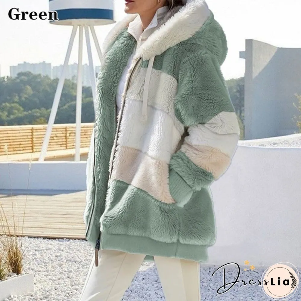 New Winter Womens Jacket Hooded Warm Plush Loose for Women Patchwork Outerwear Faux Fur