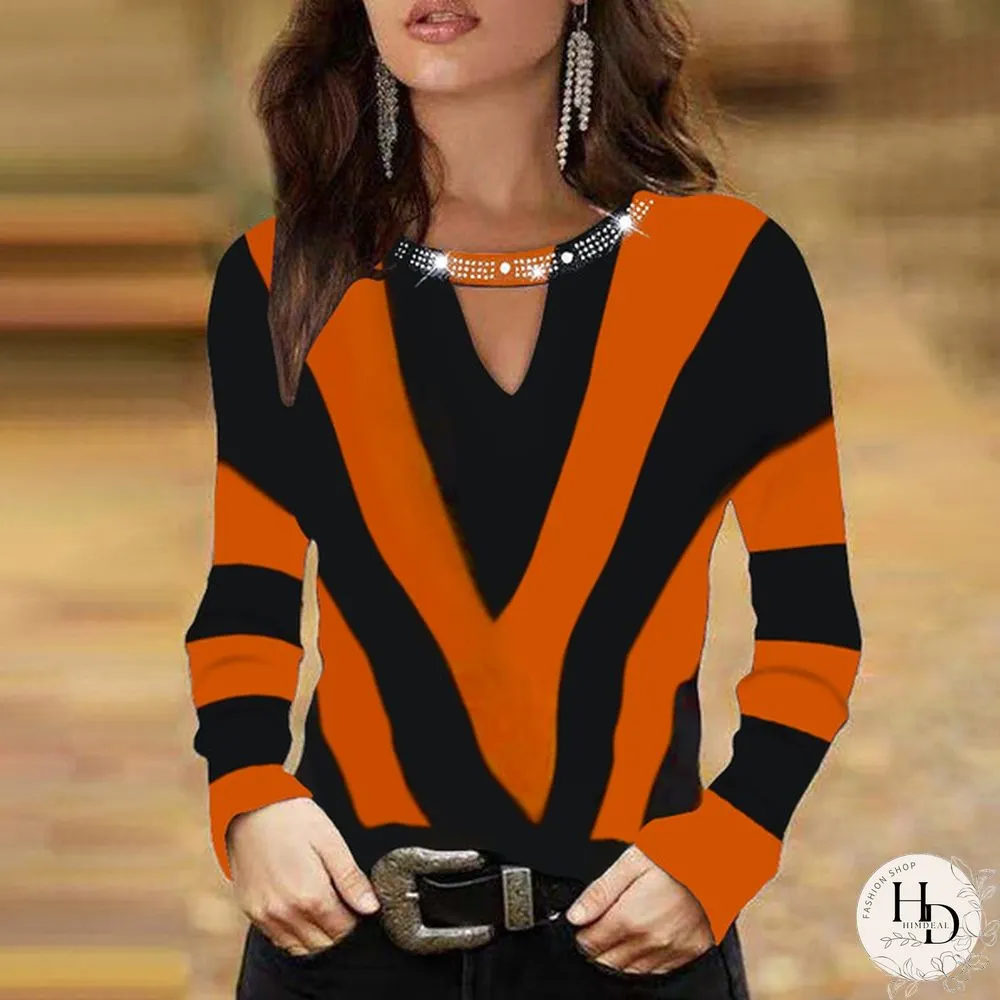 Womens T-Shirt-NEW Fashion Creative Geometric Pattern Printing Long Sleeve V-neck Casual