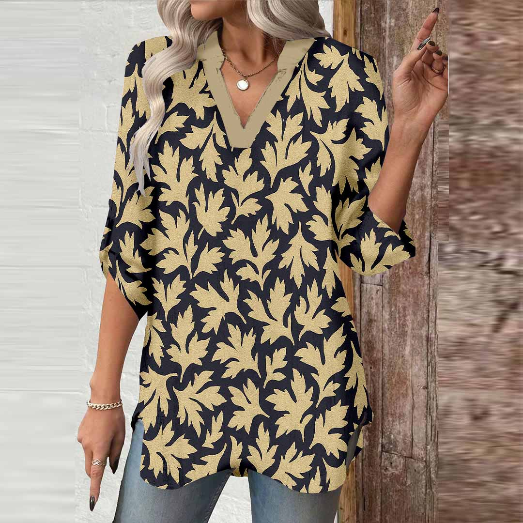 Women Floral, Khaki, Black DZGA0213 3/4 Sleeve V-neck Printed Graphic Button Tops