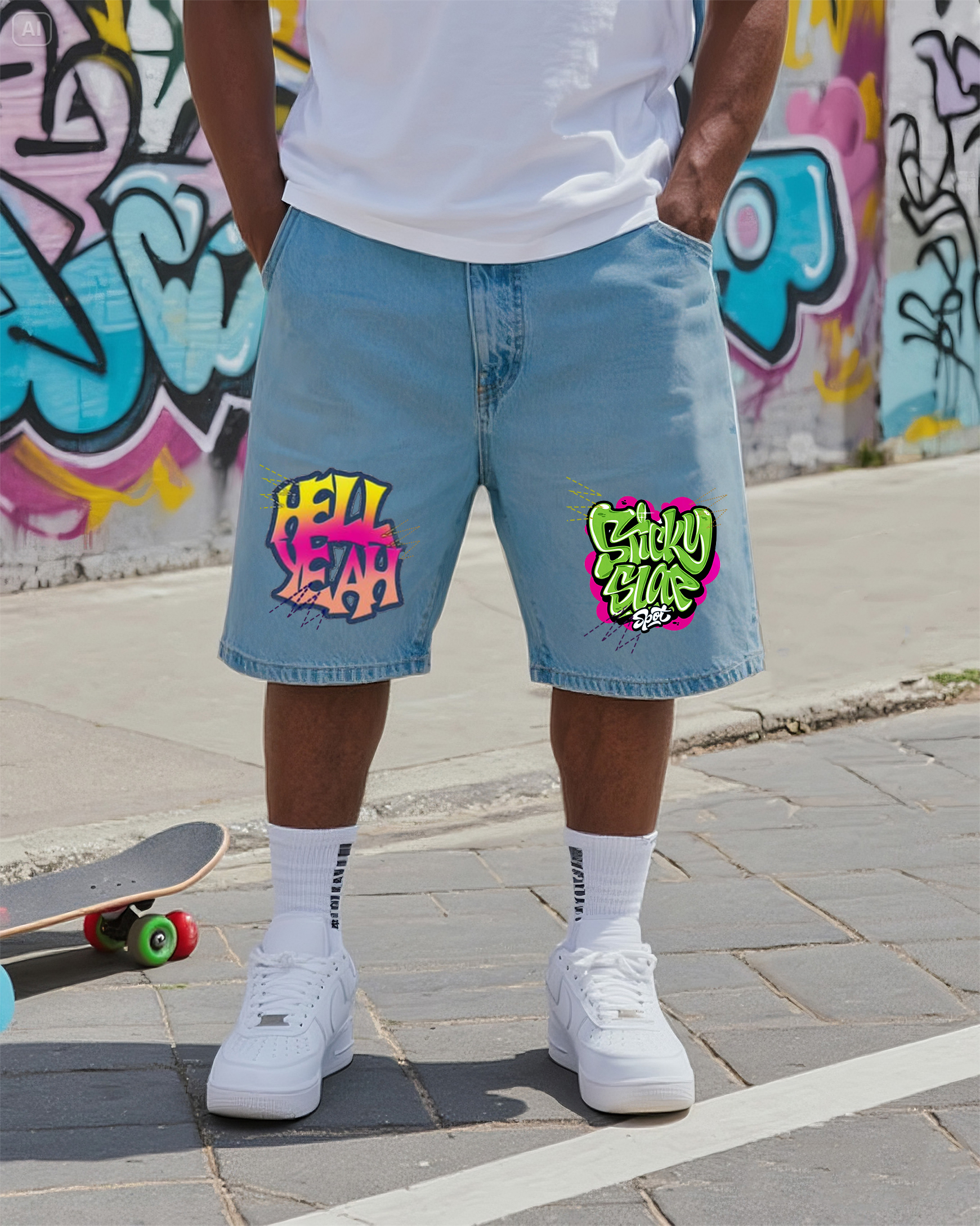 Big & Tall Men's Street Fashion Creative HELL YEAH STICKY SIAE Graffiti Denim Shorts