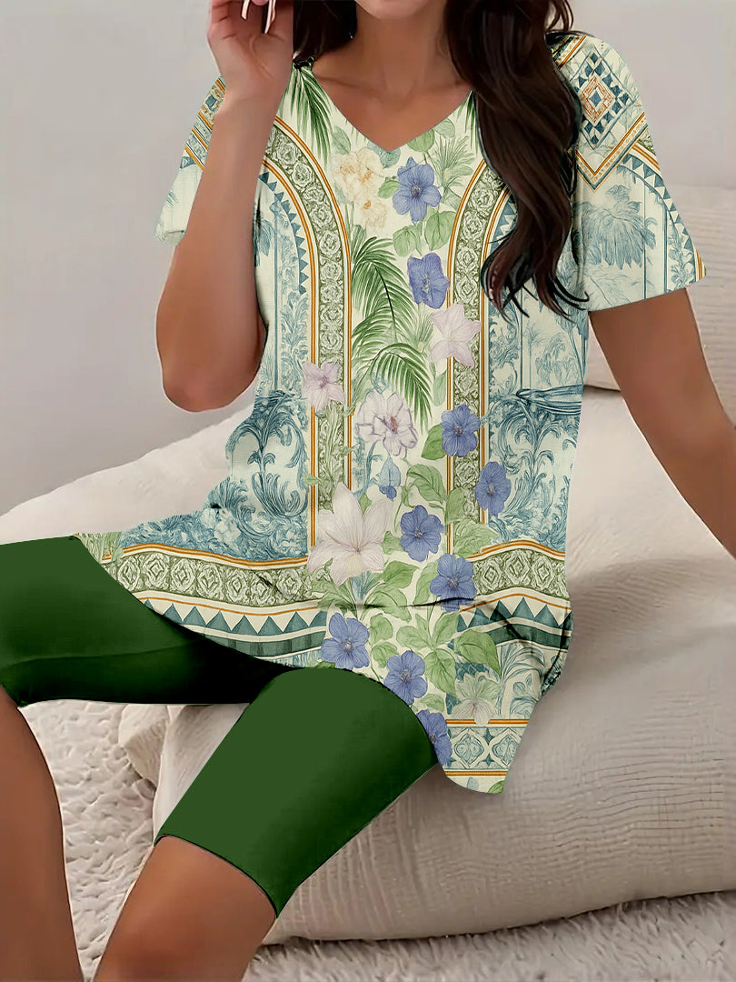 Women Long Sleeve V-neck Graphic Floral Printed Top