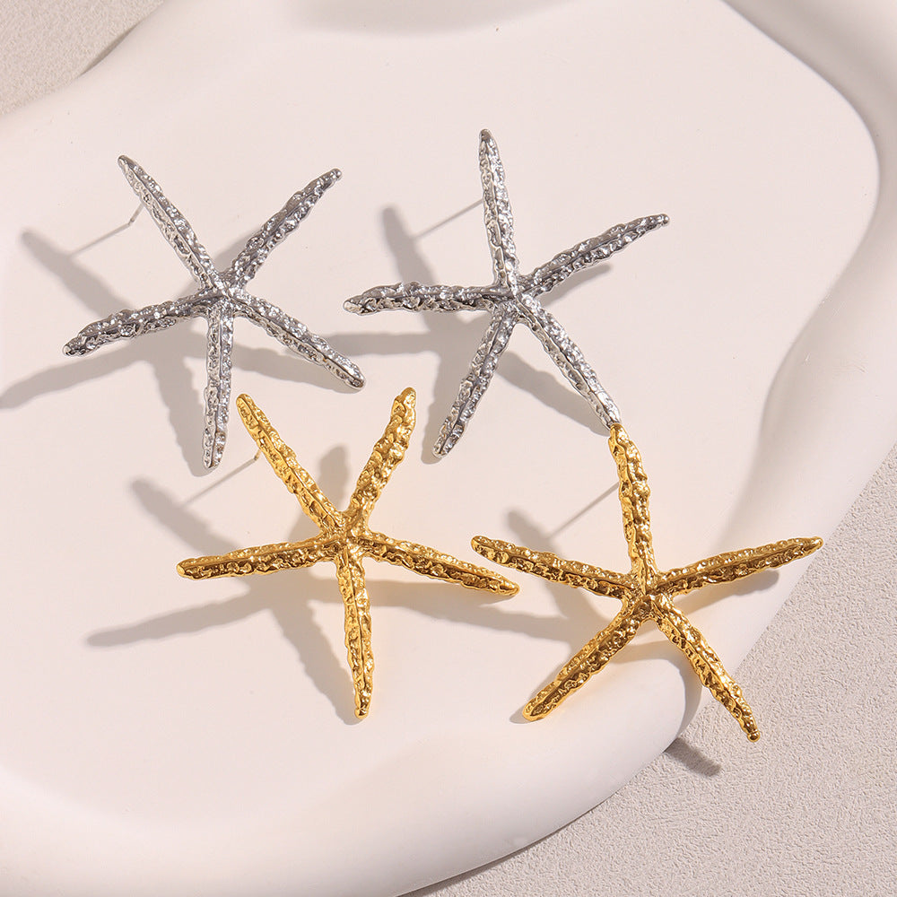 Ins Style Exaggerated Ocean Style Earrings Stainless Steel 18K Gold Plated Hammered Starfish Earrings