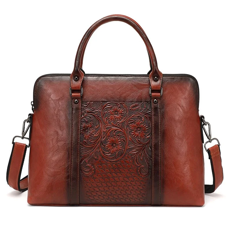 MOTAORA Women's Leather Handbag Large Capacity Vintage Shoulder Bags Female Retro Embossed Women Briefcase For 14 inch Laptop