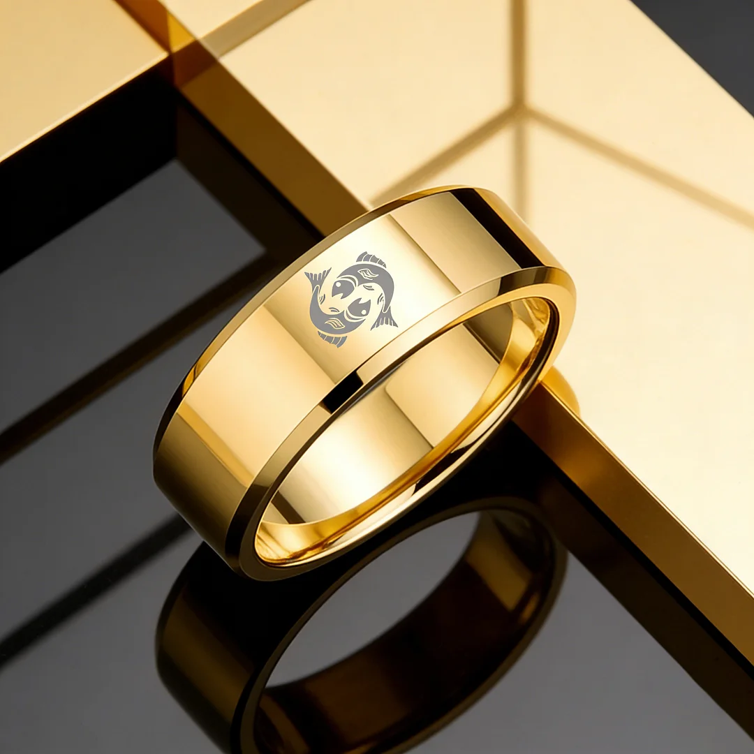 Mens Womens Gold Pisces Tungsten Carbide Bands Gold Edges and Laser Etched Wedding Rings Comfort Fit 4MM 6MM 8MM
