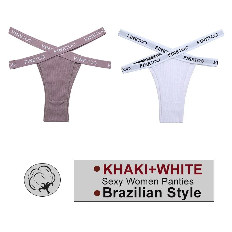 FINETOO 2PCS/Set Women's Cotton Letter Panties Hollow Out Brazilian Pantys Fashion Thong Femme Cross Strap Sexy Woman Underwear