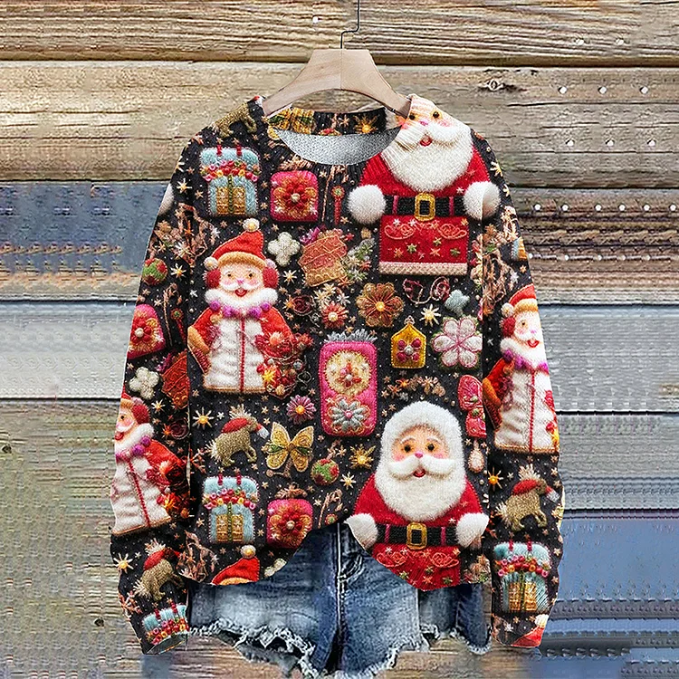 Comstylish Christmas Santa Seamless Pattern Print Knit Pullover Sweater