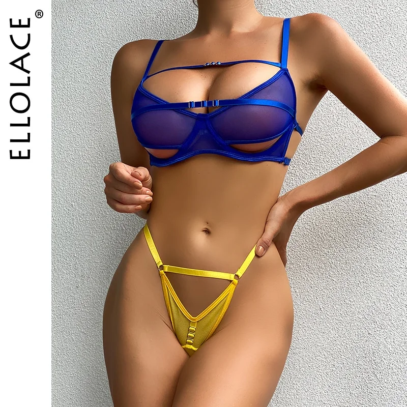 Billionm Lingerie Hollow Out Bra Female Underwear Set Woman 2 Pieces Yellow Panties Fantasy Sexy Outfits Lace Intimate