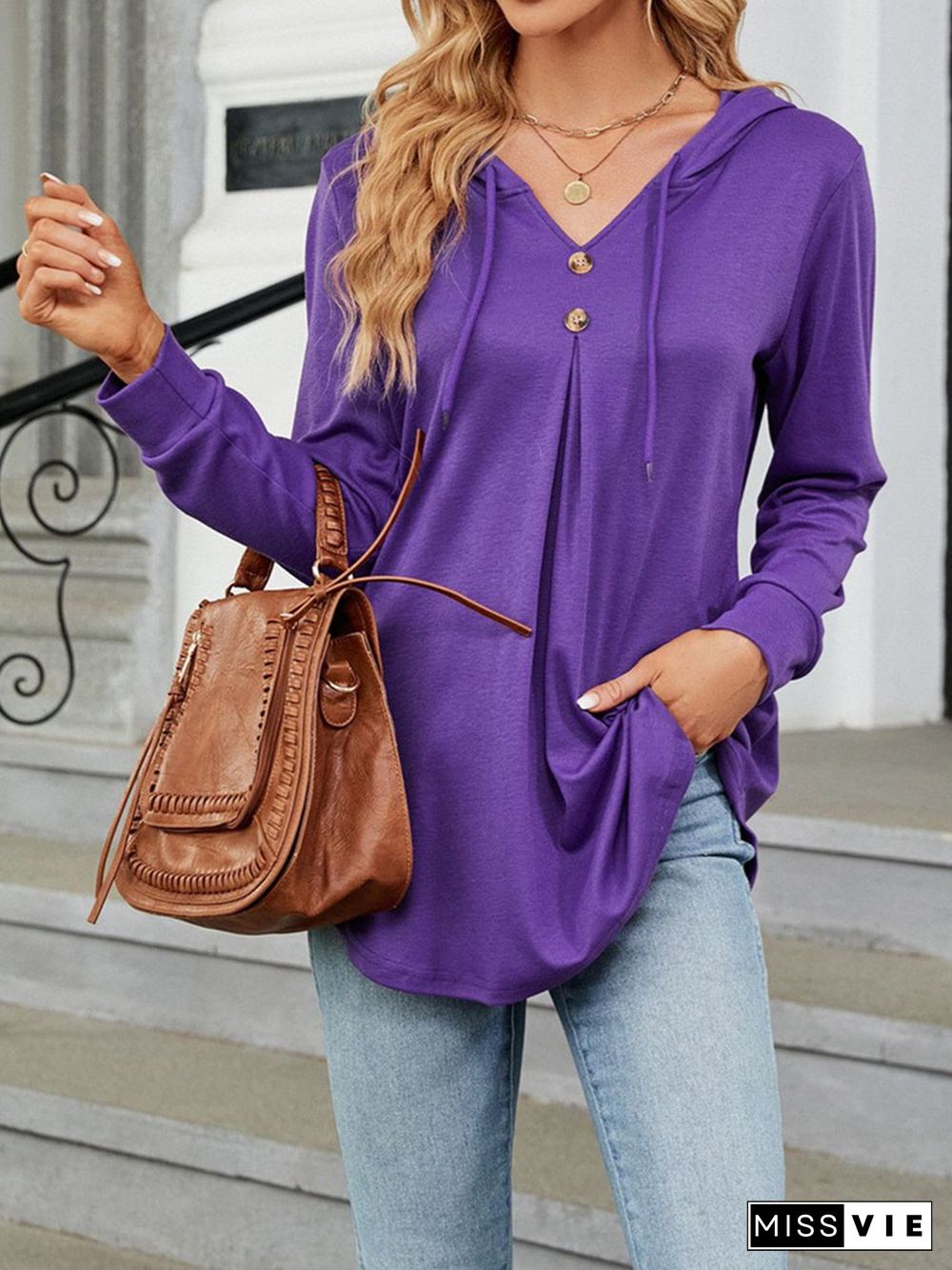 Women's Button V-Neck Long Sleeved Top