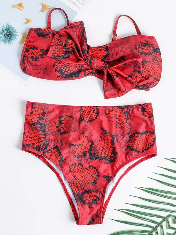 Leopard Print Bow  Embellished Split Bikini Swimsuit