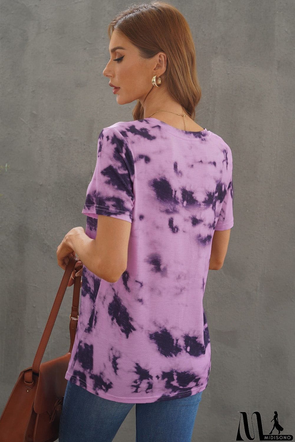 MidiSono - Women Purple Short Sleeve Tie-dye V Neck T-shirt