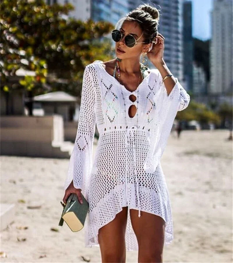 Crochet White Knitted Beach Cover up 2019 New Mujer Bikini Cover up Tunic Long Pareos  Swim Cover up Robe Plage Beachwear