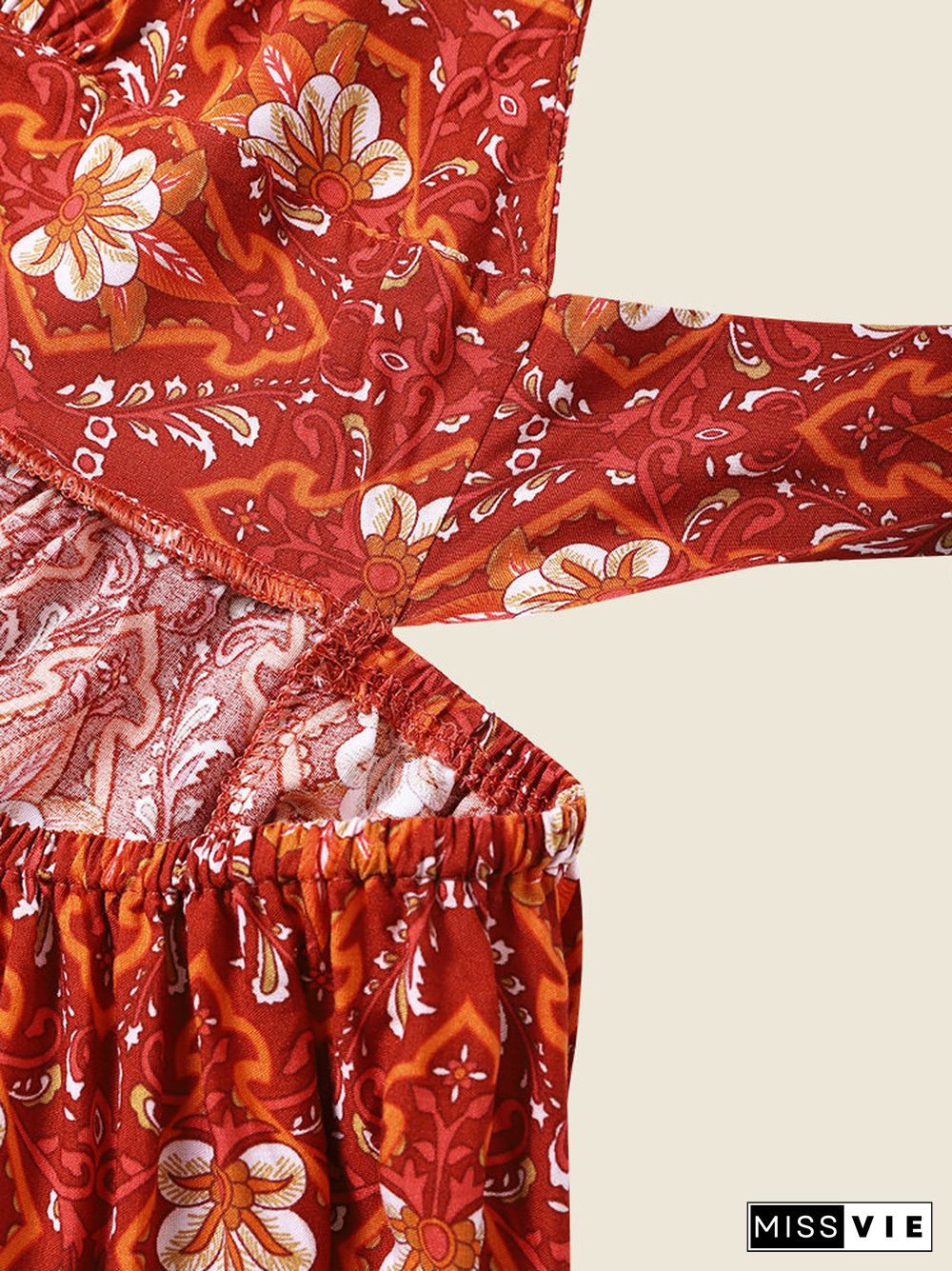 Bohemian Flower Self Tie Halter Open Back Bow Maxi Swing Dress