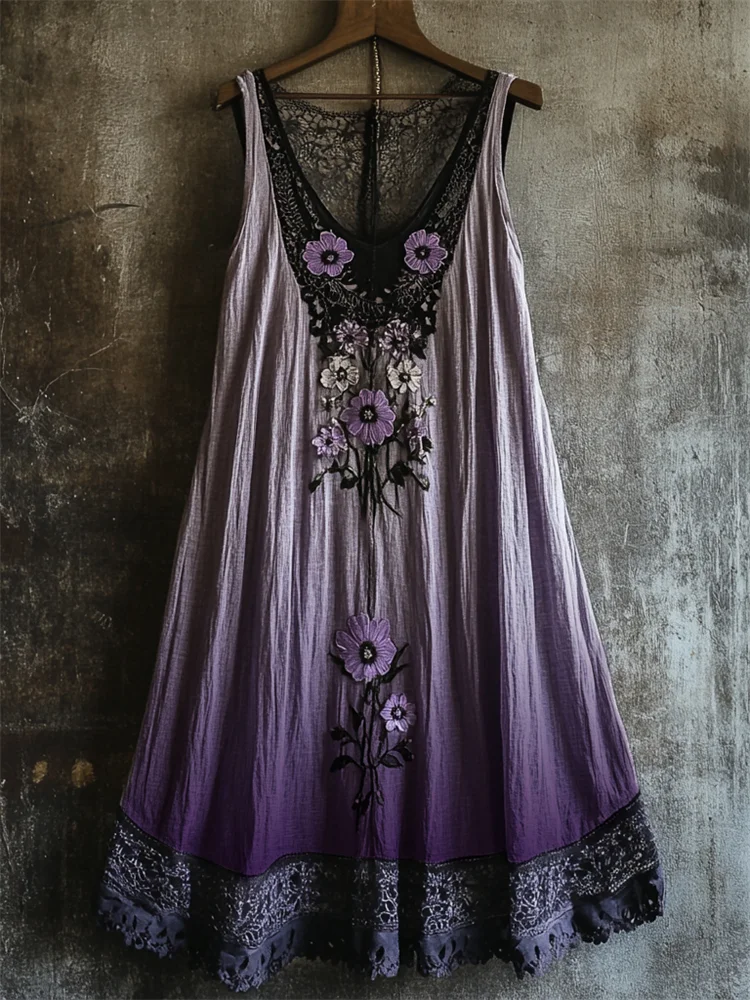 Boho Floral Embroidered Lace Patchwork Gradient Linen Dress