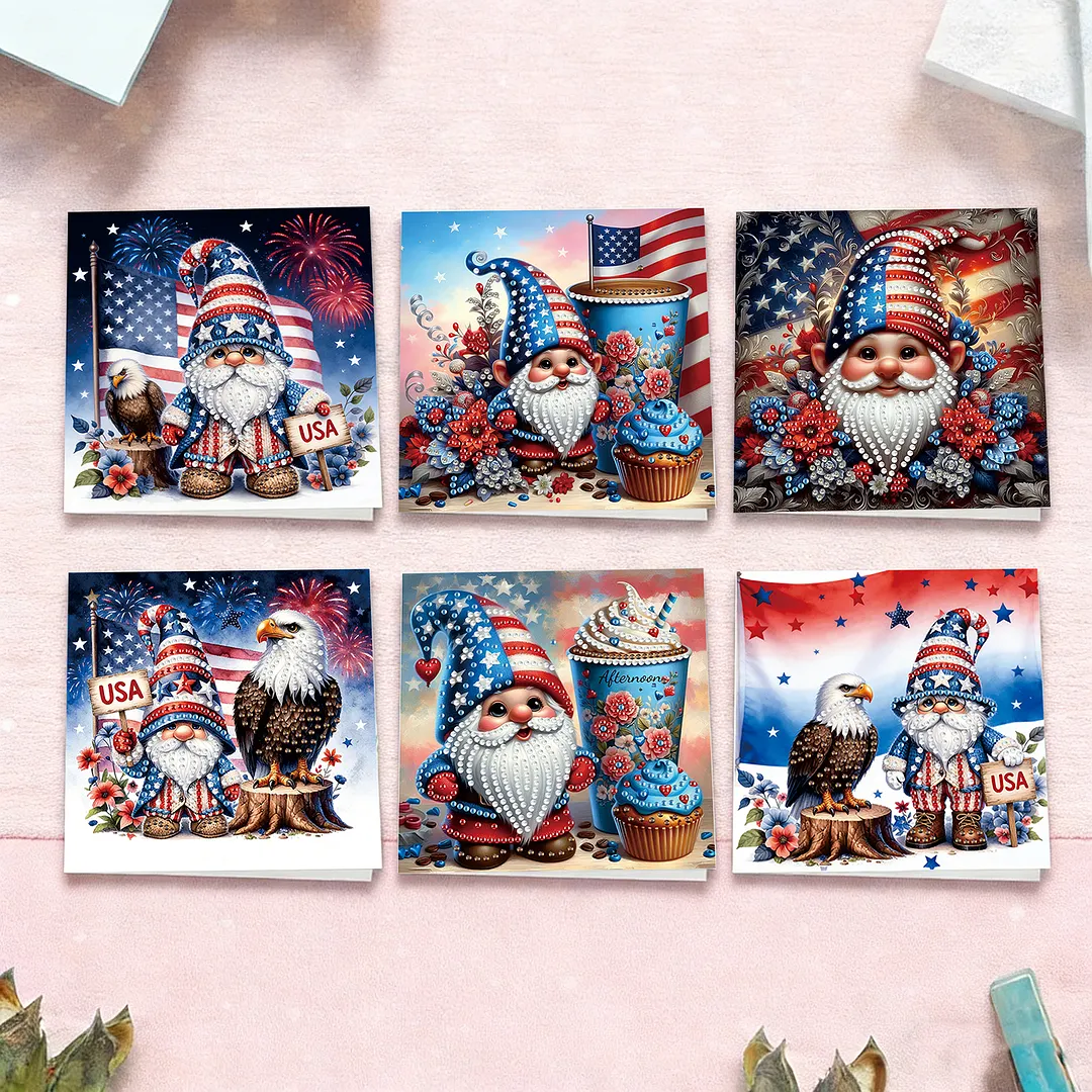 6pcs Independence Day Goblin DIY Diamond Painting Kit Greeting Card with Envelope Diamond Art Painting Greeting Cards for Family Friends Holiday Gift Congratulations
