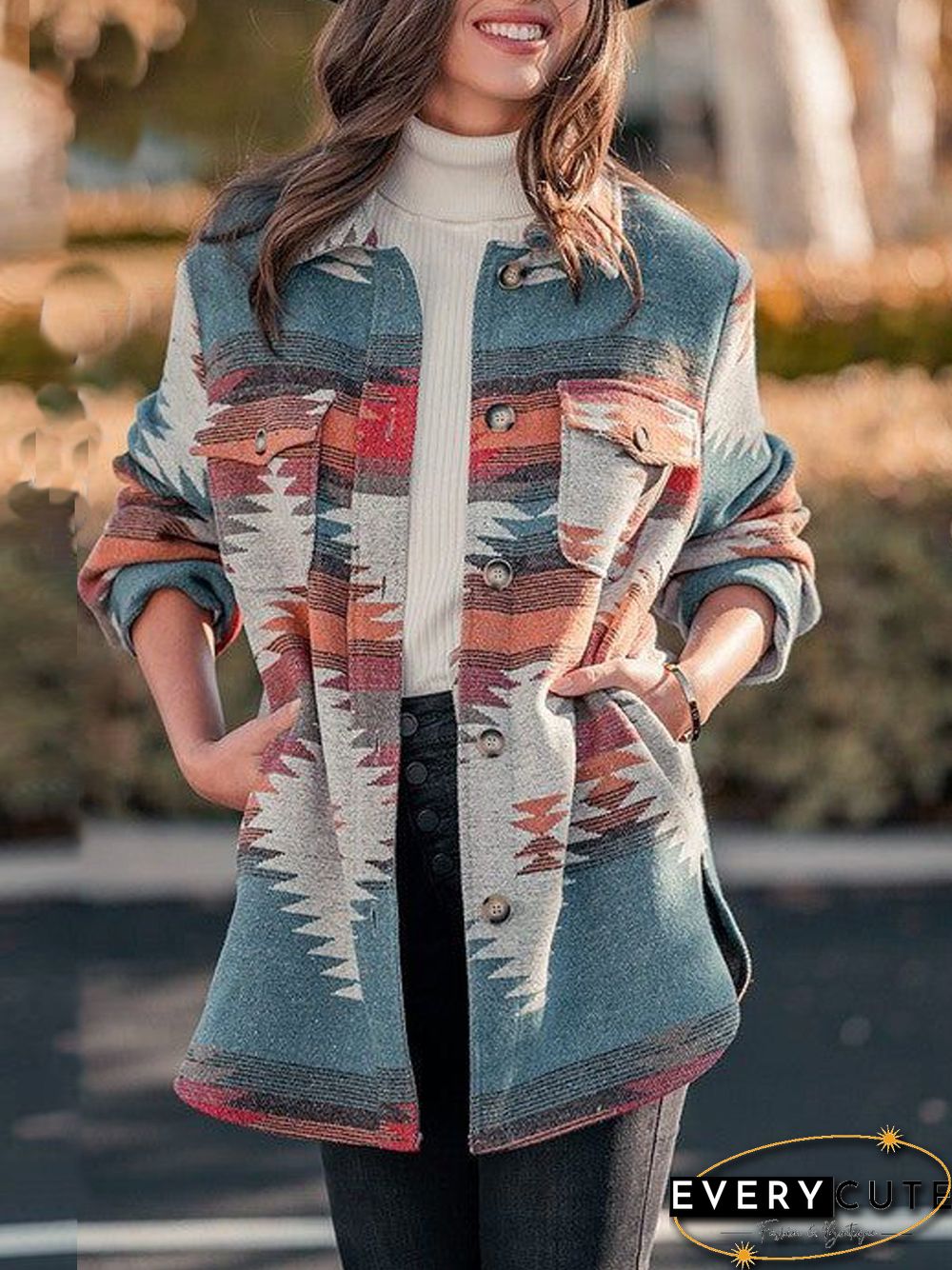 Casual Shirt Collar Ethnic Overcoat