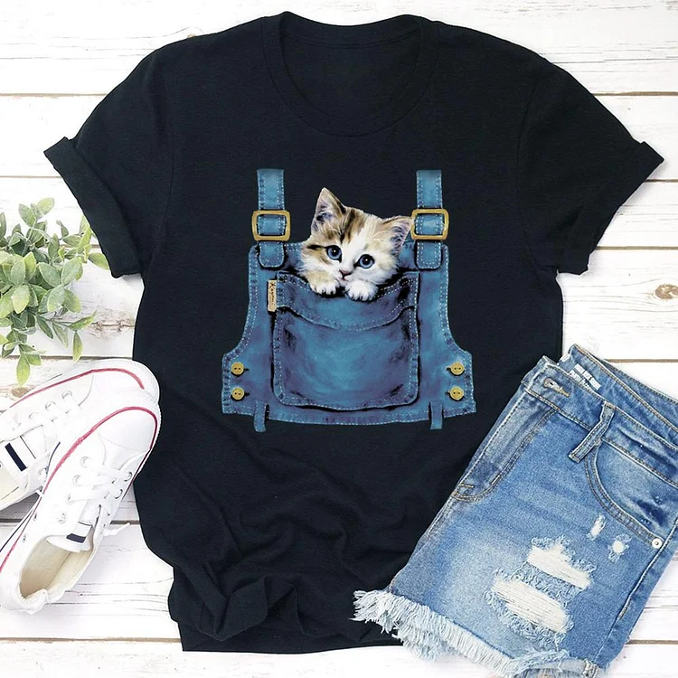 Pocket cat T-shirt Tee -01535-Annaletters