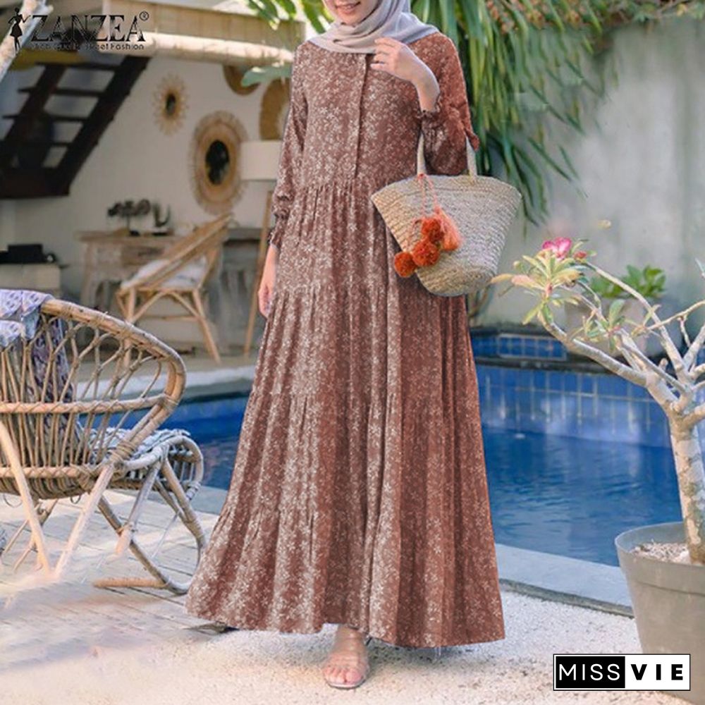 ZANZEA Women Muslim Elegant Baggy Kaftan Flota Robe Printed Abaya Holiday Dubai Islam Long Maxi Shirt Dress
