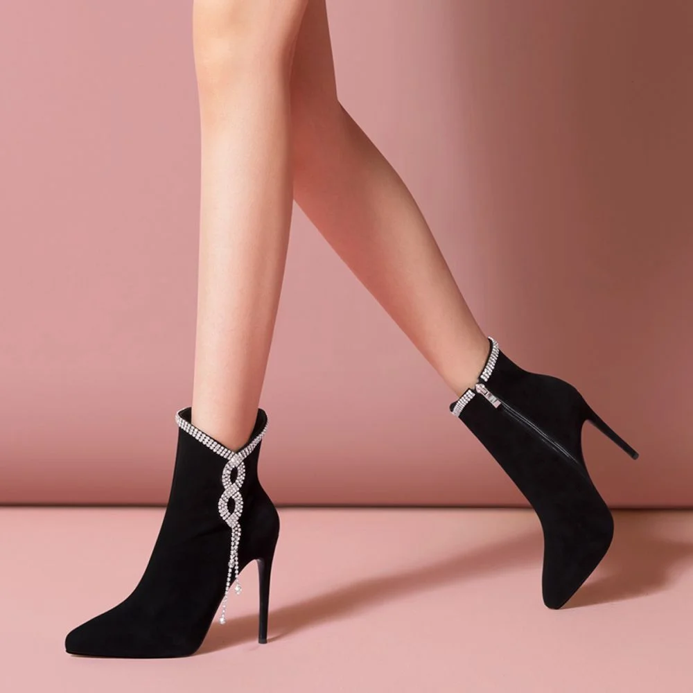 Elegant Ankle Boots For Winter Black Booties Rhinestone Side Boot Heels Nicepairs