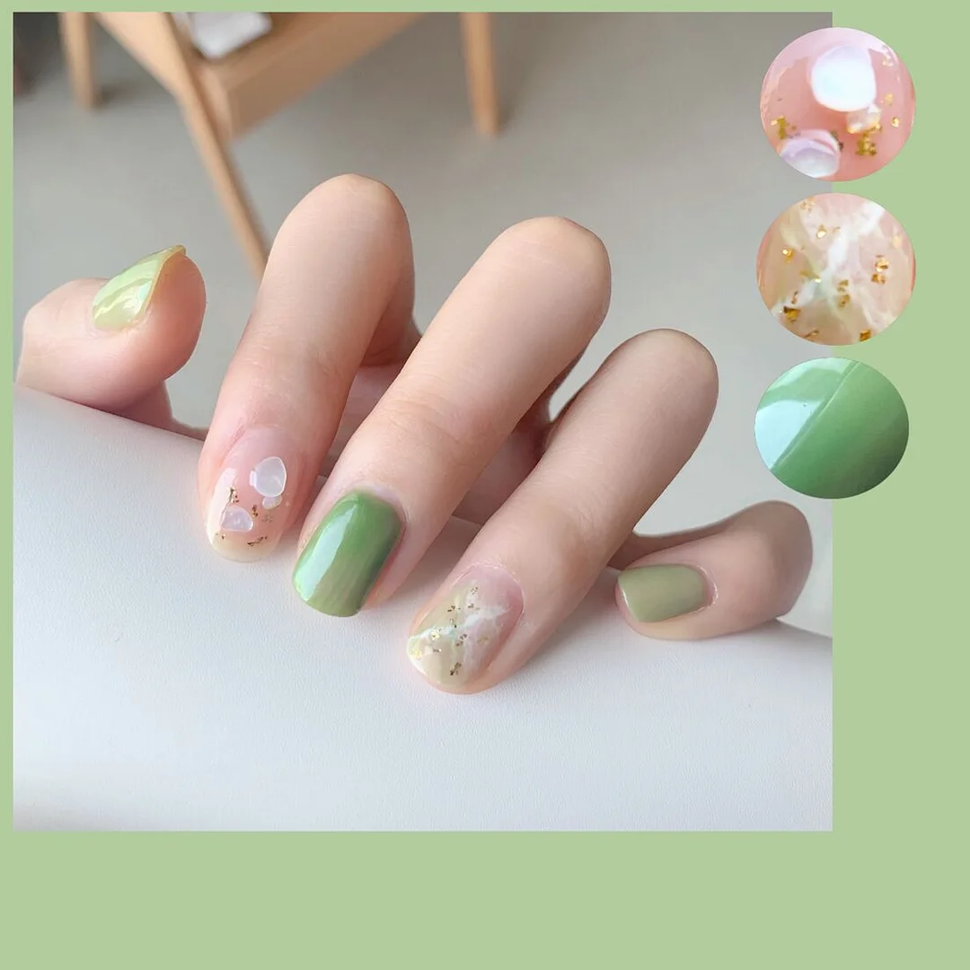 false nails short Green Solid Color with Gold Foil and Shell 3D Decoration Fake Nails Cute Bride Fake Nails Full Nail Tips-Nail Inspo