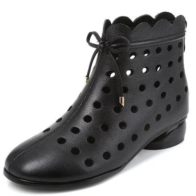 GKTINOO 2022 Summer Ankle Boots Genuine Leather Shoes Women Med High Heel Back Zipper Boots Cutout breathable Mujer Zapatos