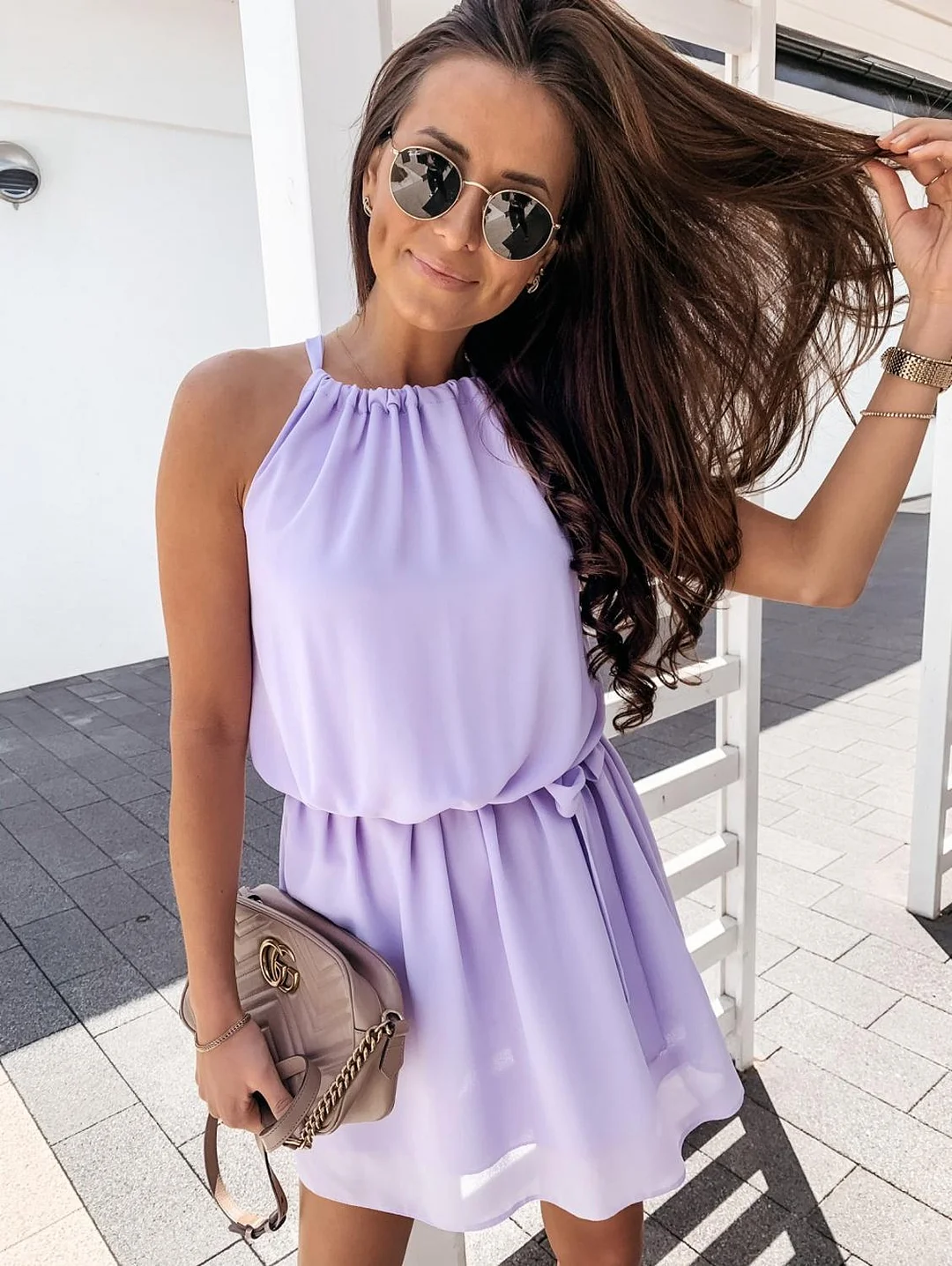 Summer Halter Solid Sleeveless Dress Chiffon 2023 Women Casual Loose A-Line Vestidos Lace Up Purple Mini Beach Sundress