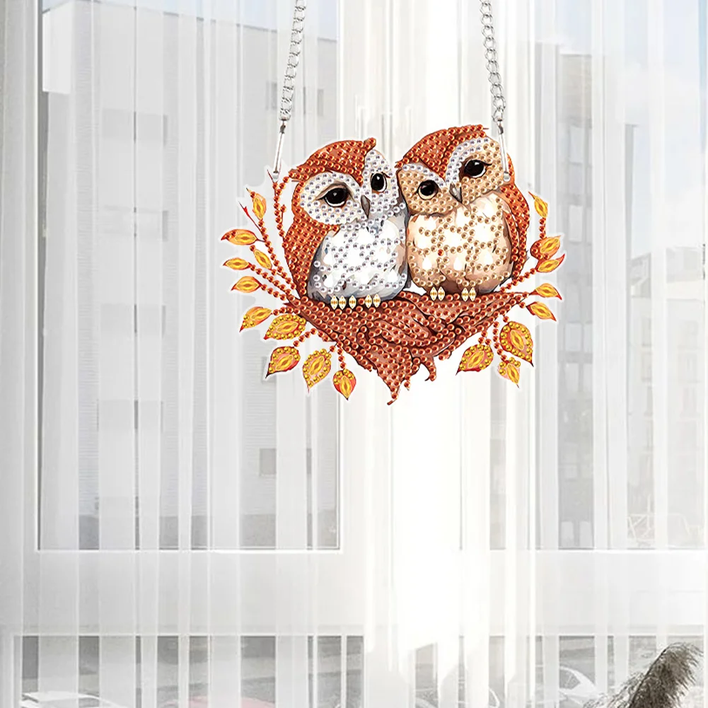 DIY Autumn Owl Special Shape Diamond Painting Hanging Pendant