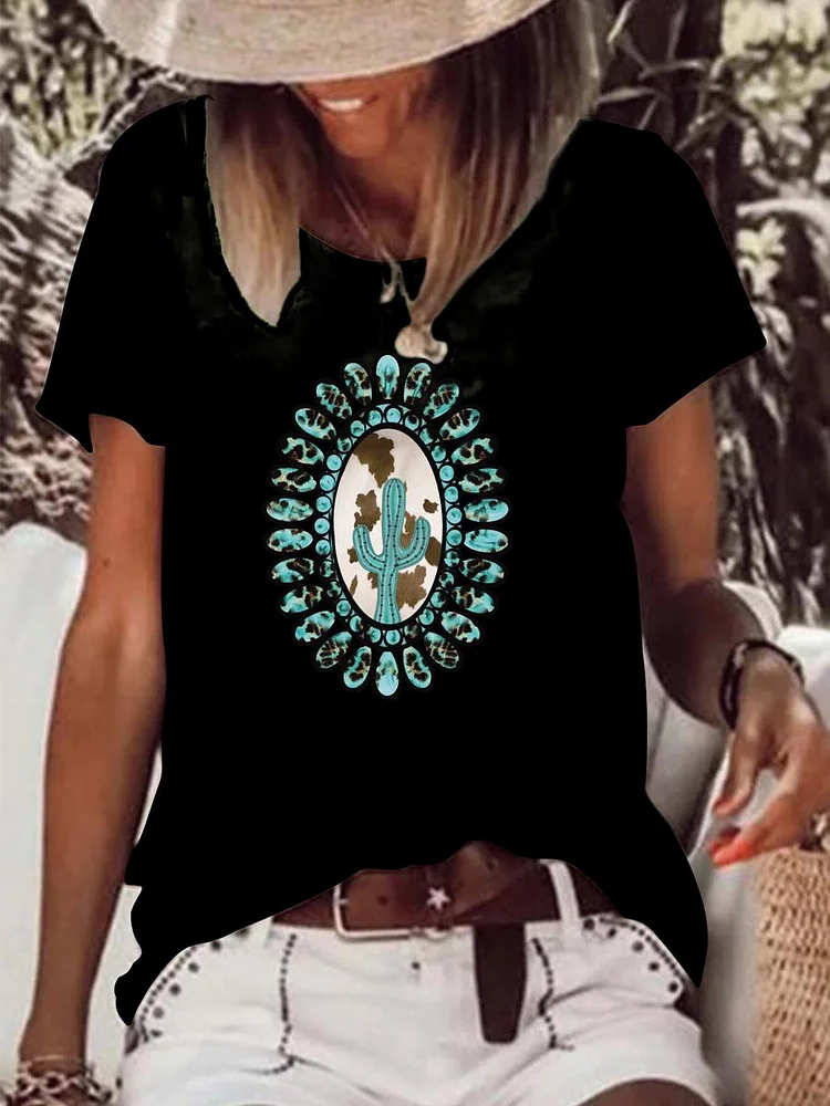 Turquoise cactus Retro Raw Hem Tee