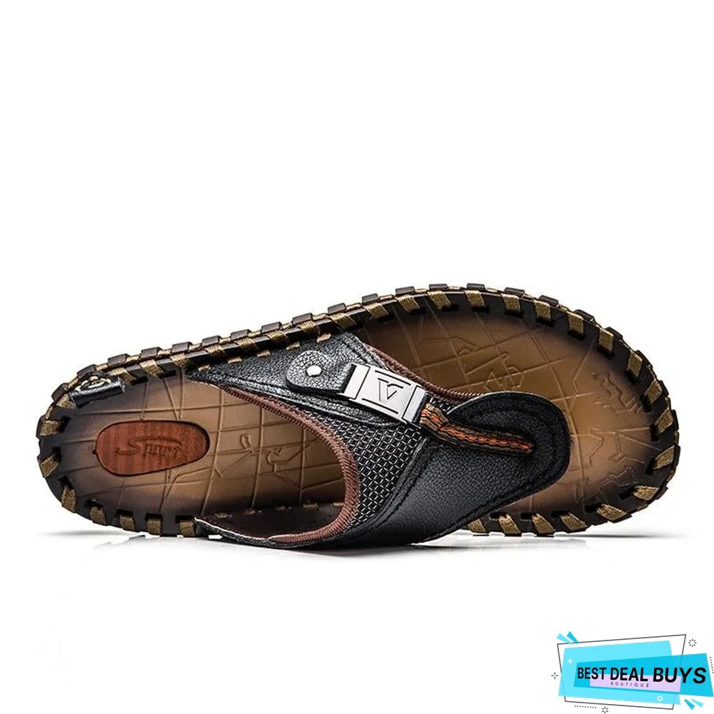 Men's Genuine Leather Sandals Flip Flops Breathable Slippers Plus Size