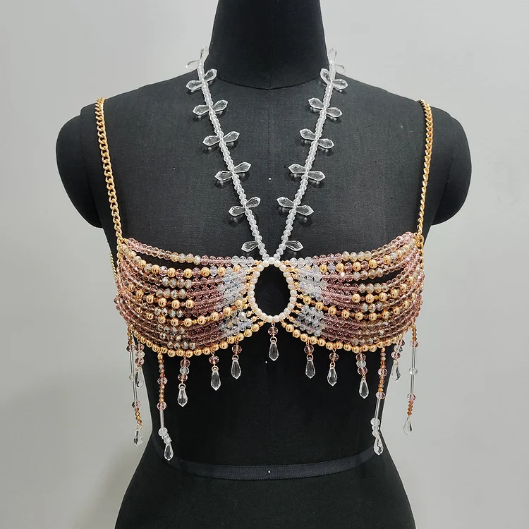Handmade Crystal Pearl Halter Tassel Neck Necklace