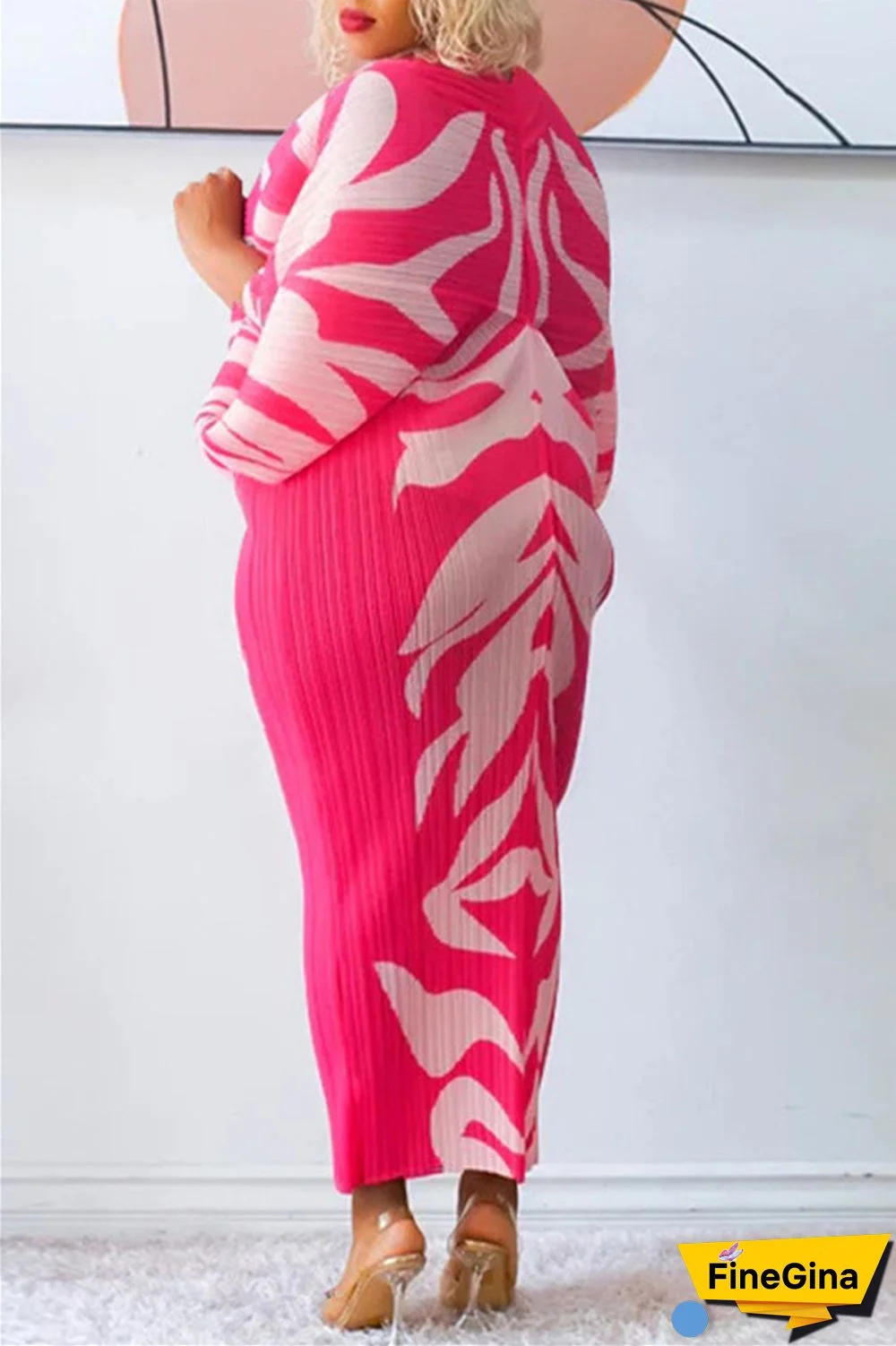 Pink Purple Casual Print Patchwork V Neck Pencil Skirt Plus Size Dresses