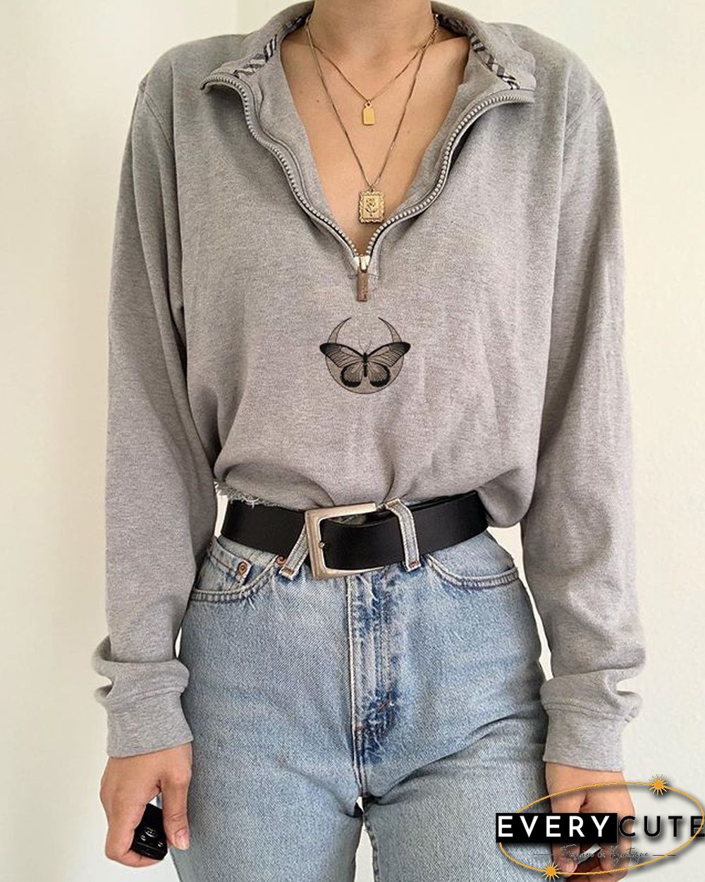 Colorblock Butterfly Moon Print All-Match Casual Sweater