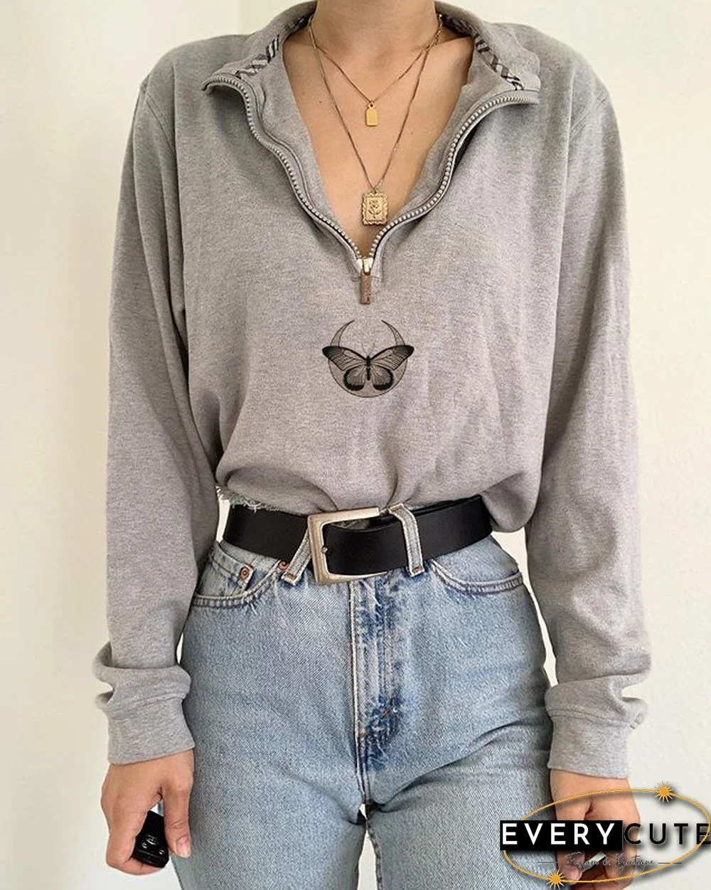 Colorblock Butterfly Moon Print All-Match Casual Sweater