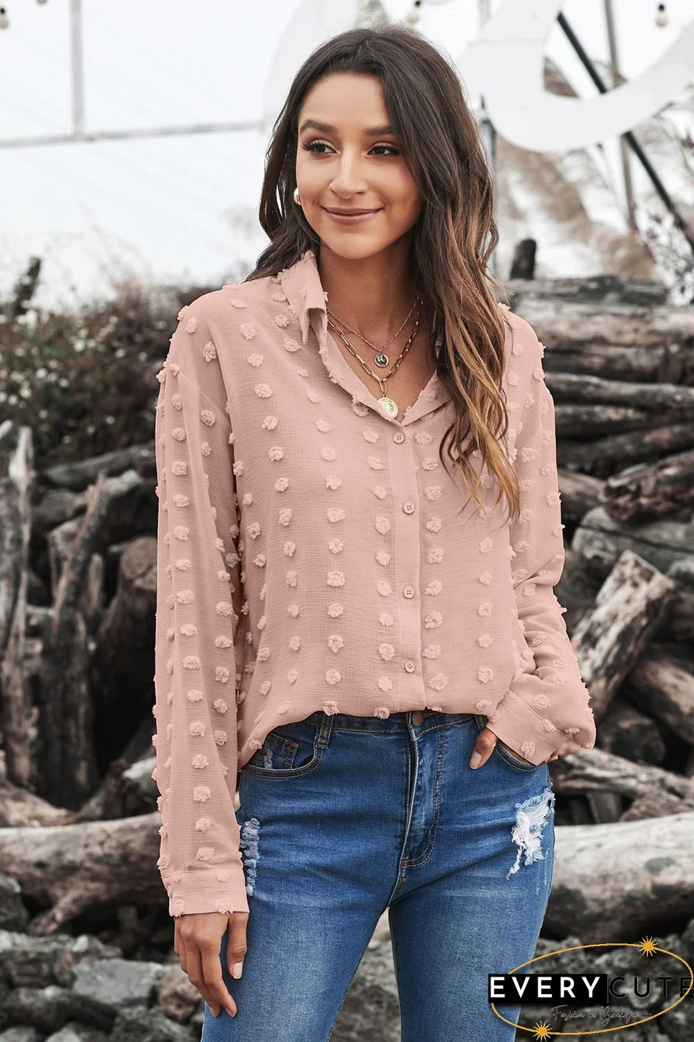 Khaki Long Sleeve Button Fuzzy Polka Dot Shirt