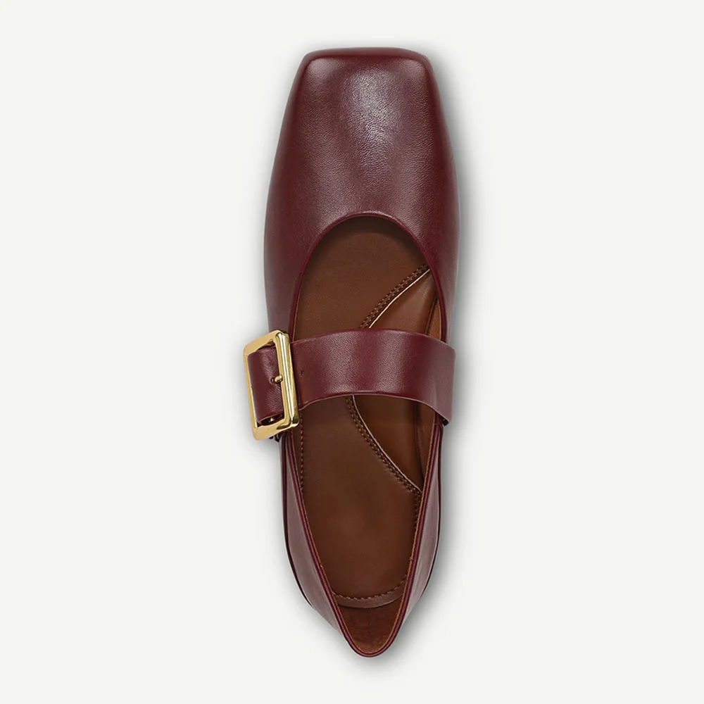 YDN Maroon Faux Leather Square Toe Buckle Strap Mary Jane Flats