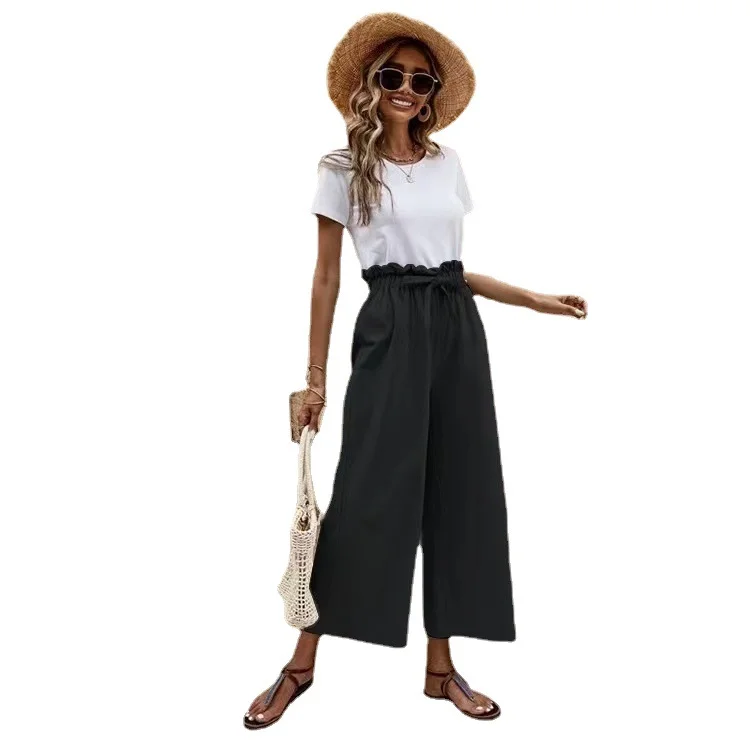 Nigikala Nigikala New Women's Summer Loose Waist Solid Cotton Belt Broad Leg Pants Loose Nine-Point Trousers Women