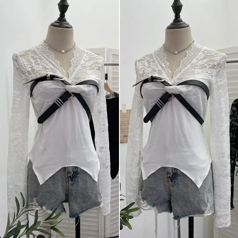 Nigikala Nigikala Shooting Babes V-Neck Lace Lace Splicing Belt Long Sleeve Design Irregular Short Bottom Top 2752