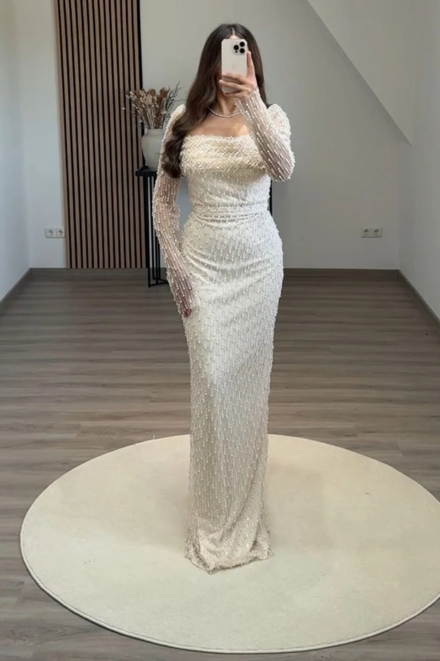 Lvs&Broner White Square Neck Long Sleeves Long Mermaid Prom Dress With Beadings