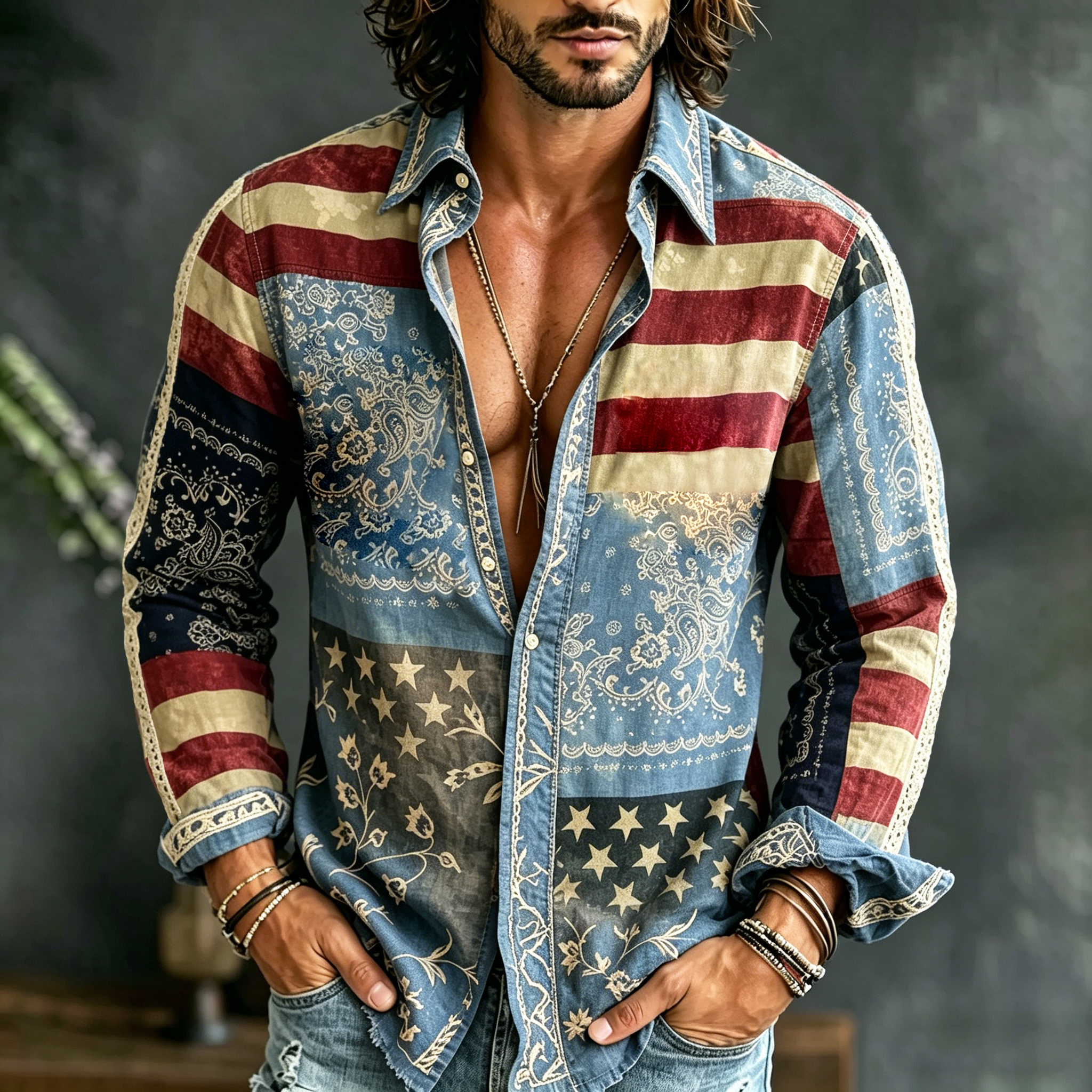  Men's Retro Boho Floral With Flag Independence Day Floral Print Casual Linen Shirt Westsshops