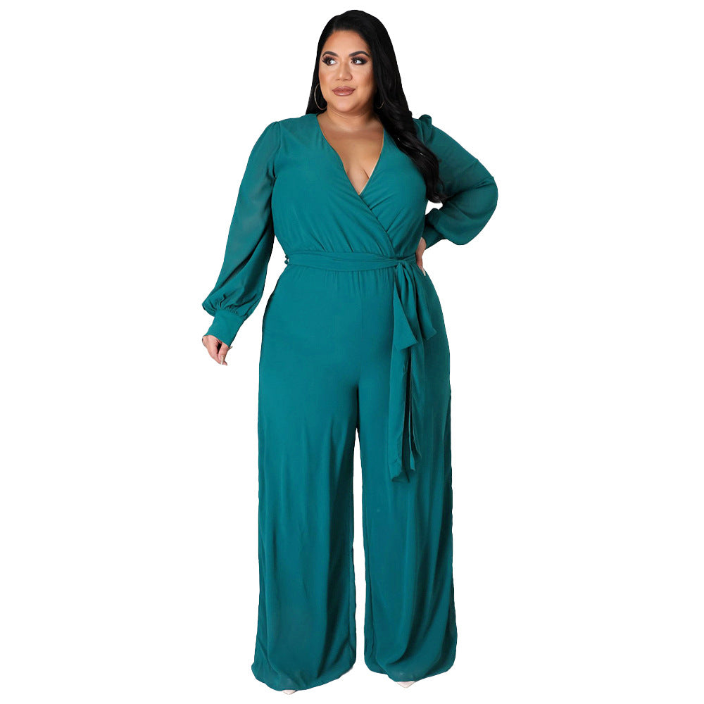 Plus Size Women Loose Straight Solid Color Belt Jumpsuit